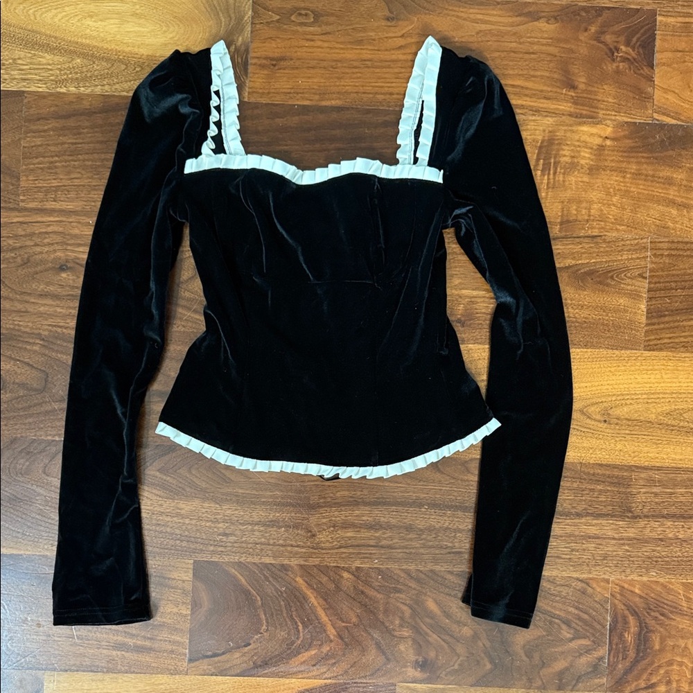Chic Black Velvet Women's Blouse with White Trim